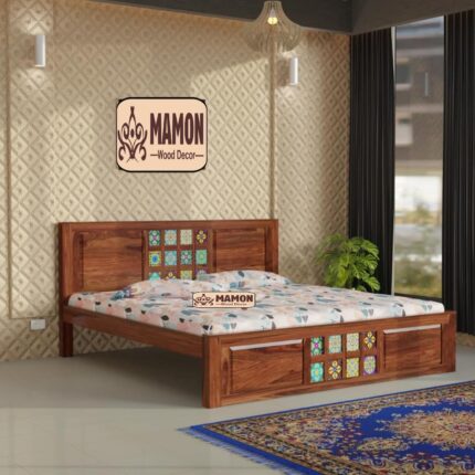 Sheesham Wood King Size Bed Without Storage - Honey-Tiles Finish Palang