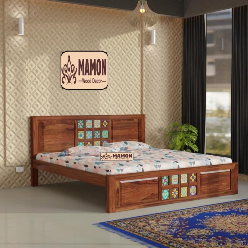 Sheesham Wood King Size Bed Without Storage - Honey-Tiles Finish Palang