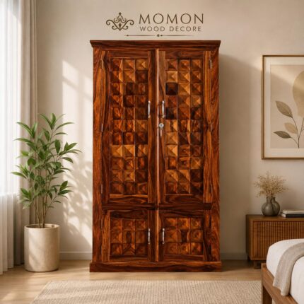 Diamond Sheesham Wood Wardrobe with 2 Door & 2 Drawer - Honey Finish