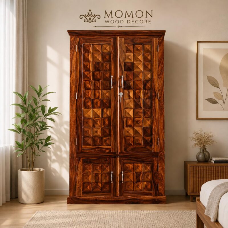 Diamond Sheesham Wood Wardrobe with 2 Door & 2 Drawer - Honey Finish