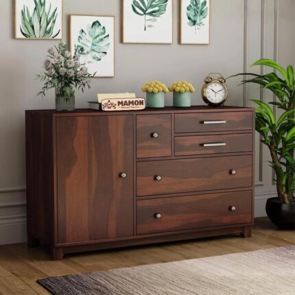 Sheesham Wood Cupboard with 4 Drawers - Brown Cherry Pre-Assembled