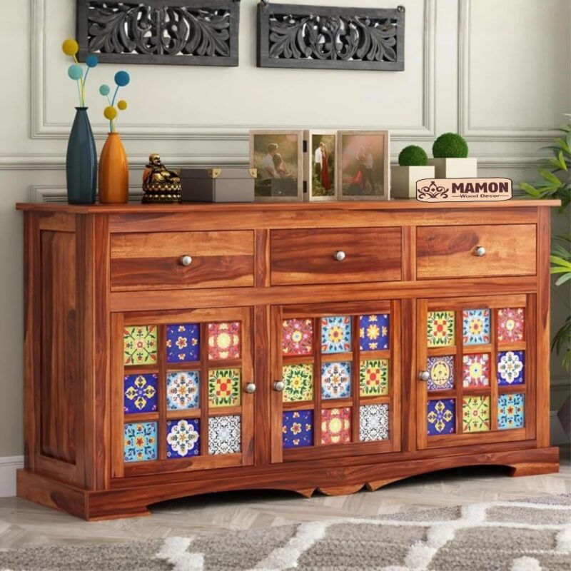 Sheesham Wood Chest of Drawers with 3 Drawers & 3 Shelves - Natural Brown