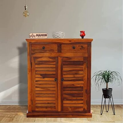 Sheesham Wood Shoe Cabinet with 2 Doors - Natural Honey Brown