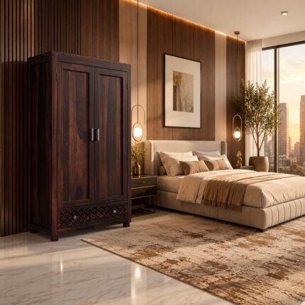 Solid Wood Wardrobe with 2 Doors & Lattice Panel - Natural Honey Oak
