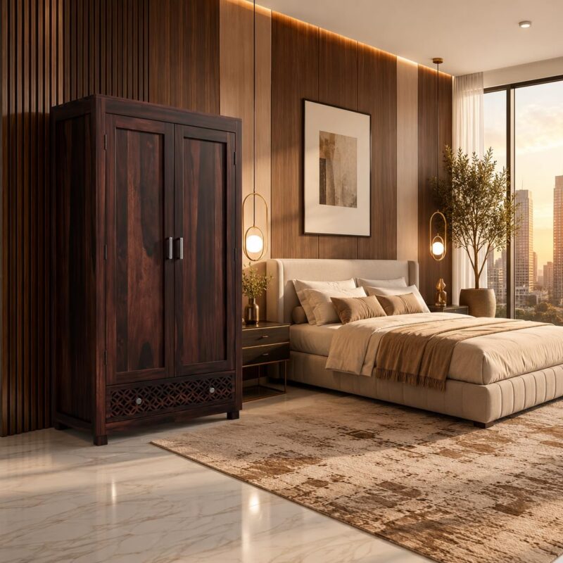 Solid Wood Wardrobe with 2 Doors & Lattice Panel - Natural Honey Oak