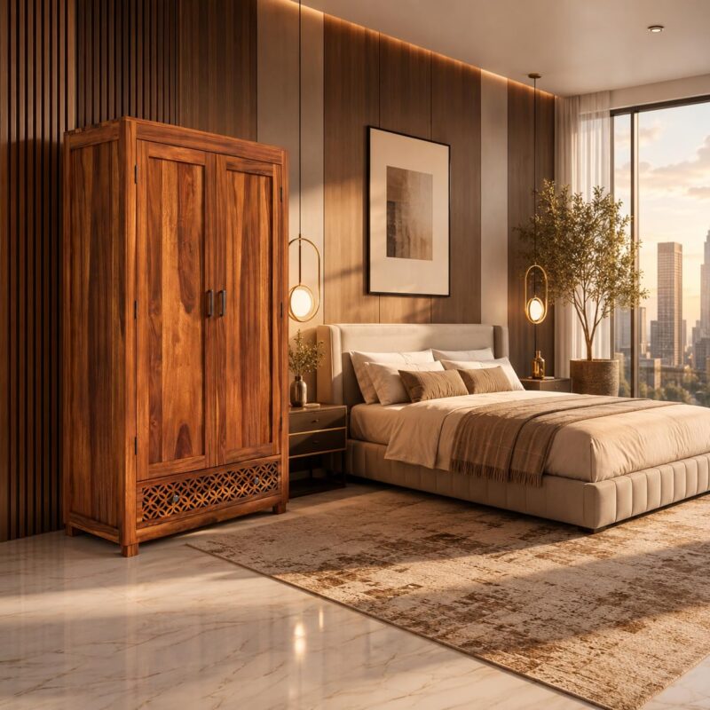 Solid Wood Wardrobe with Double Doors & Lattice Panel - Honey Oak Finish