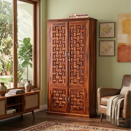 Solid Sheesham Wood 4 Door Almirah with 4 Shelves & 2 Drawers - Honey Finish