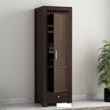 Wooden Single Door Wardrobe with 1 Drawer & 4 Shelves - Acker Walnut Finish