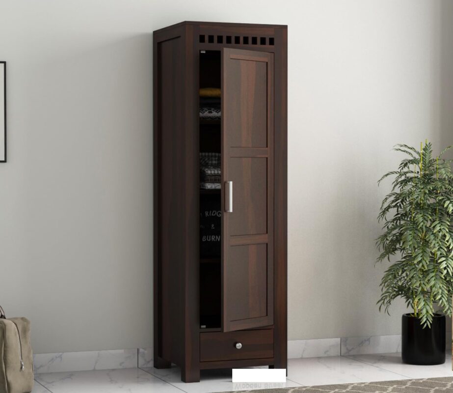 Wooden Single Door Wardrobe with 1 Drawer & 4 Shelves - Acker Walnut Finish
