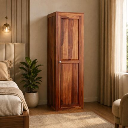 Wooden Single Door Wardrobe with 5 Shelves - Honey Finish
