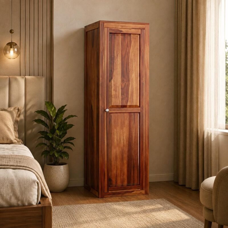 Wooden Single Door Wardrobe with 5 Shelves - Honey Finish
