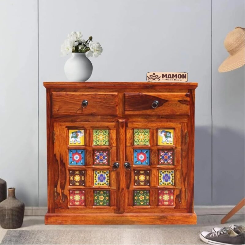 Free Standing Movable TV Cabinet with 2 Drawer Storage - Honey Finish
