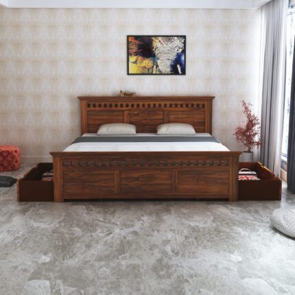 Sheesham Wood Queen Size Bed - Natural Finish