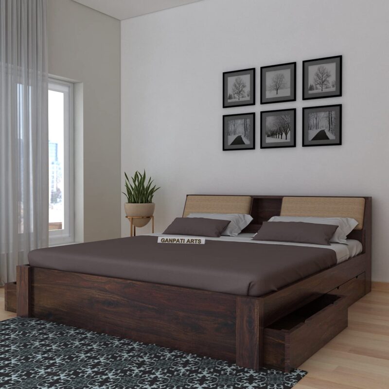 Sheesham Wood Queen Size Bed - Walnut Finish