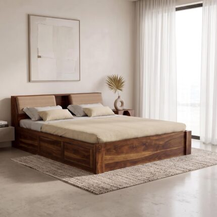 Sheesham Wood Queen Size Bed - Teak Finish-Box