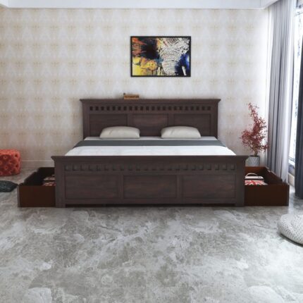 Sheesham Wood Queen Size Bed - Walnut Finish