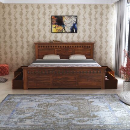 Sheesham Wood Queen Size Bed - Natural Finish