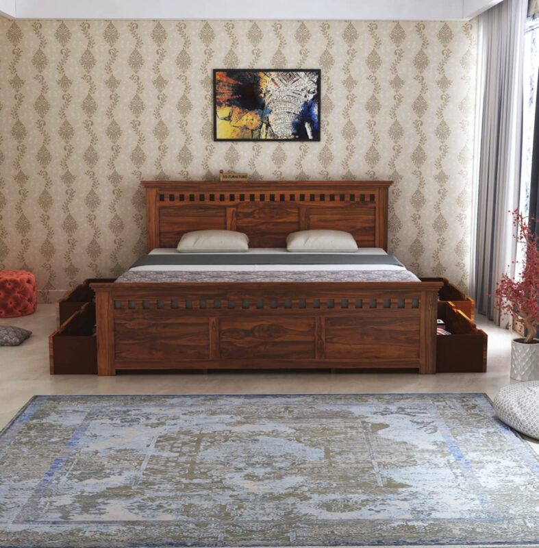 Sheesham Wood Queen Size Bed - Natural Finish
