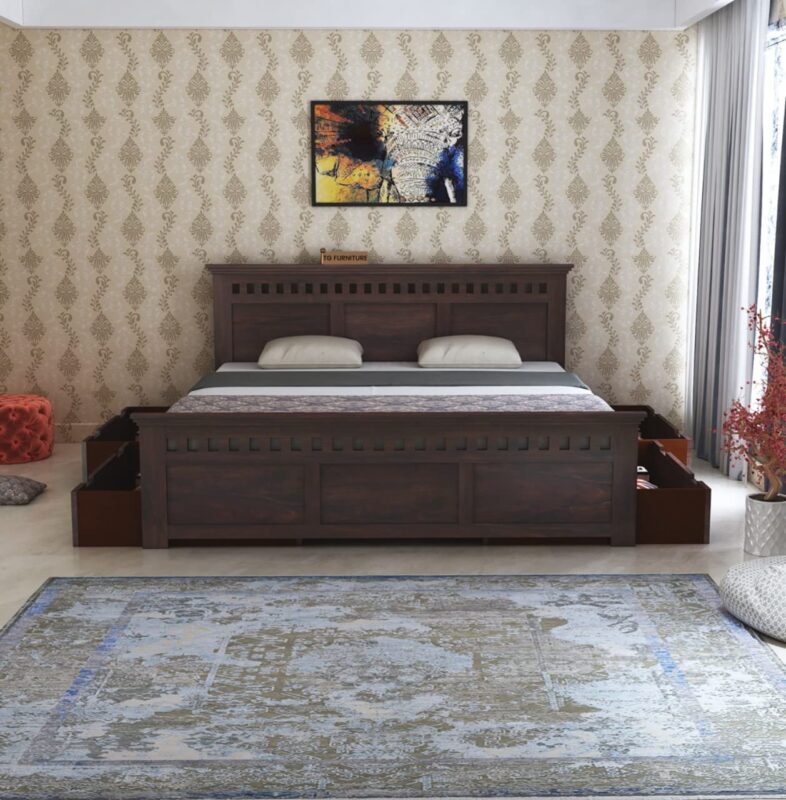 Sheesham Wood Queen Size Bed - Walnut Finish