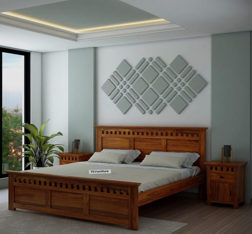 Sheesham Wood Queen Size Bed - Armania Natural Finish