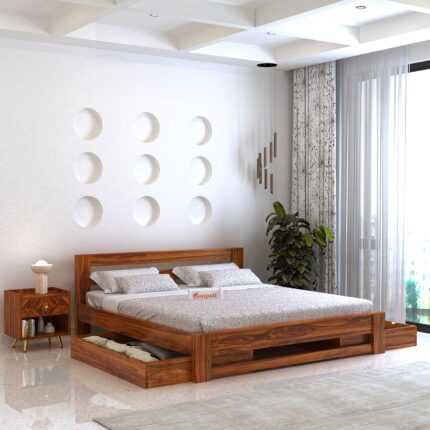 Foster Queen Size Bed with Storage – Sheesham Wood Natural Finish