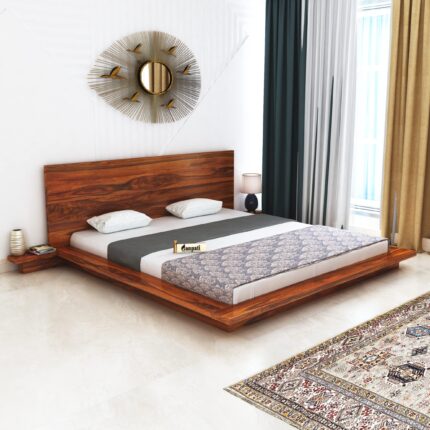 Sheesham Wood Queen Size Bed - Natural Finish With Bedside Table