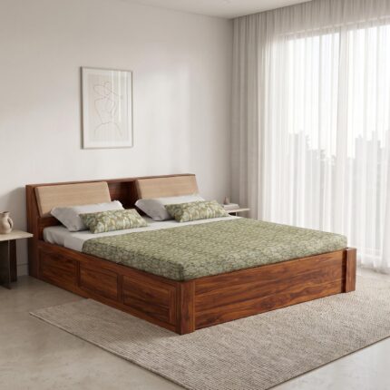 Sheesham Wood Queen Size Bed - Natural Finish-Box