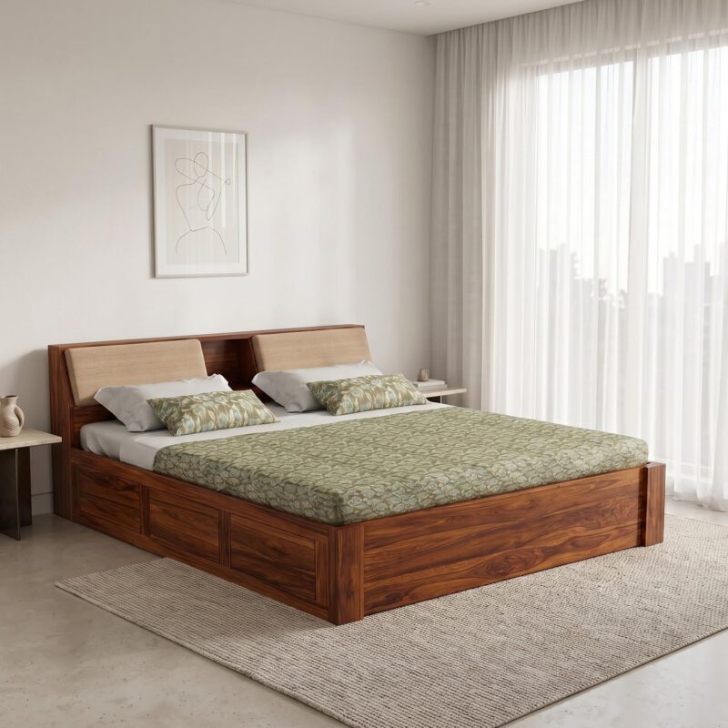 Sheesham Wood Queen Size Bed - Natural Finish-Box