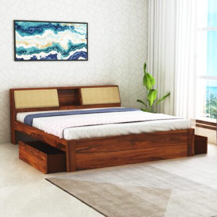 Sheesham Wood Queen Size Bed - Natural Finish