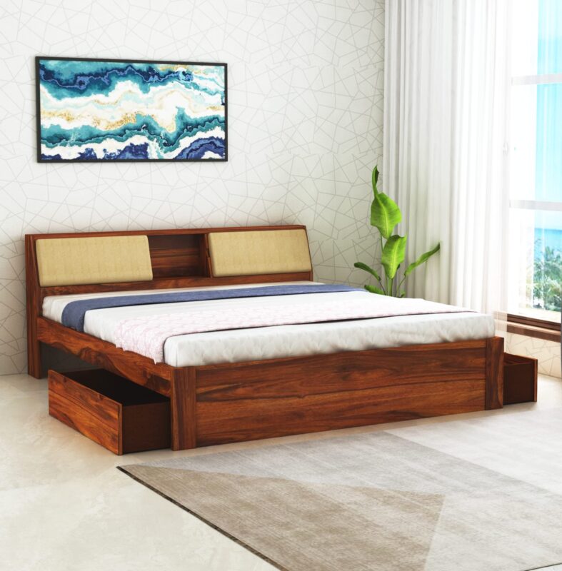 Sheesham Wood Queen Size Bed - Natural Finish