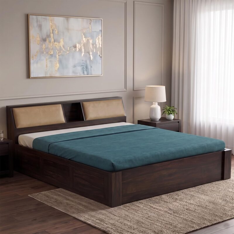 Sheesham Wood Queen Size Bed - Walnut Finish -Box