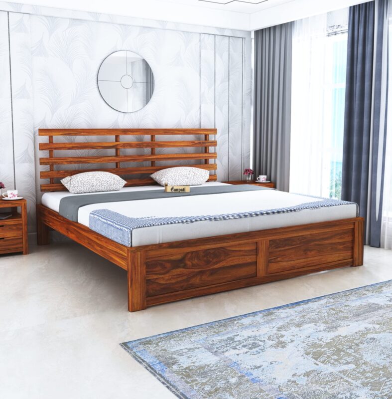Solid Sheesham Wood Queen Size Bed - Natural