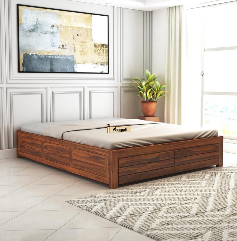 Sheesham Wood Queen Size Bed - Natural Finish-Box