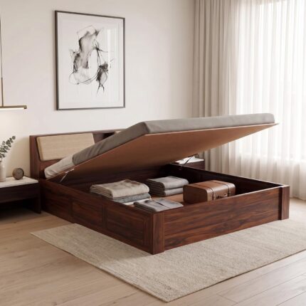 Sheesham Wood Queen Size Bed - Natural Finish_HYD