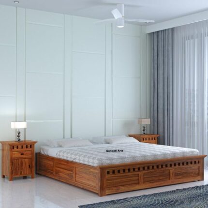 Sheesham Wood King Size Bed with Storage, Natural Finish