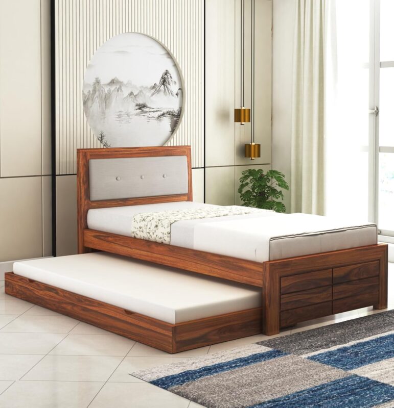 Ganpati Arts Sheesham Wood Single Trundle Bed w/ Pull-Out