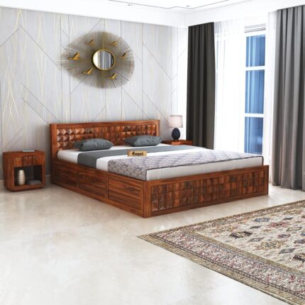 Sheesham Wood Queen Bed with Storage - Honey Finish