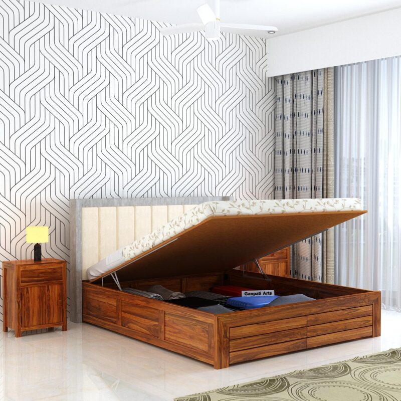 Sheesham Wood King Size Bed with Storage & Upholstered Headboard