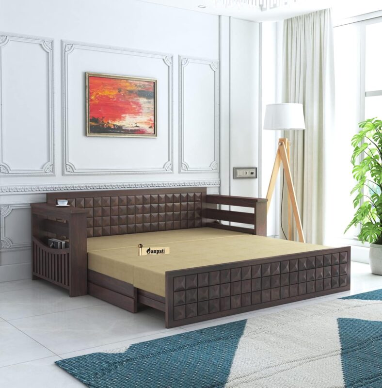 Sheesham Wood 3 Seater Sofa Cum Bed with Storage - Walnut