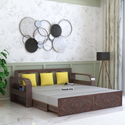 Sheesham Wood 3 Seater Sofa Cum Bed with Storage, Walnut Finish