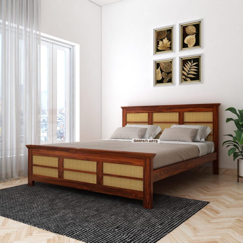 Ganpati Arts Solid Sheesham Wood Queen Size Bed - Natural Finish