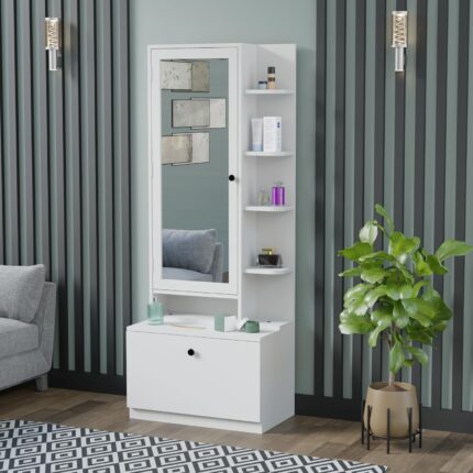 Wooden Dressing Table with Mirror, Drawer & Storage