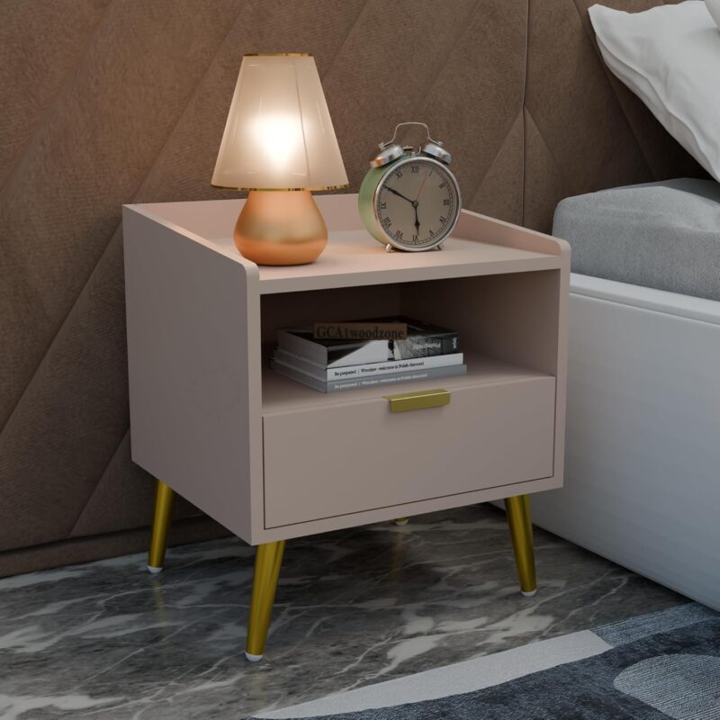 Wooden Bedside Table with Drawer & Open Shelf, Light Beige
