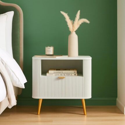 Wooden Bedside Table with Drawer & Shelf, Set of 2 (White)