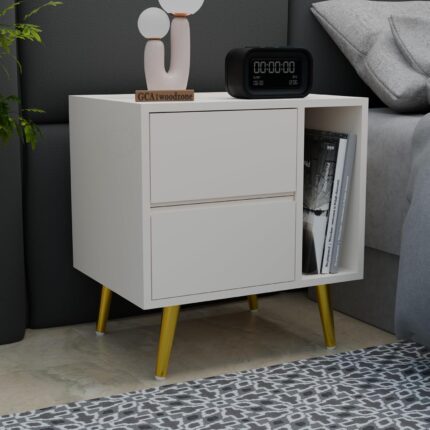 Wooden Bedside Table with 2 Drawers & Shelf, White Finish