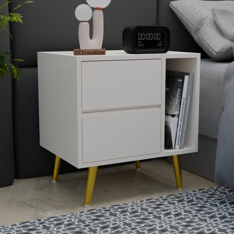 Wooden Bedside Table with 2 Drawers & Shelf, White Finish