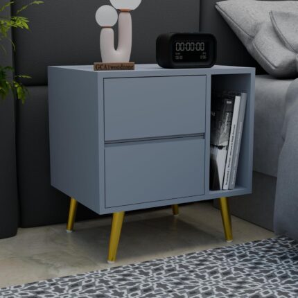 Wooden Bedside Table with Drawers & Shelf, Slate Blue (Set of 2)