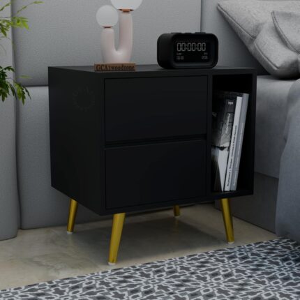 Wooden Bedside Table with 2 Drawers & Shelf, Black Finish