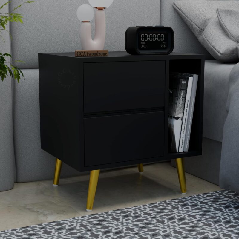 Wooden Bedside Table with 2 Drawers & Shelf, Black Finish