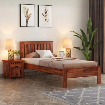 Sheesham Wood Single Bed - Teak Brown Solid Wood Cot | MAMON WOOD DECOR